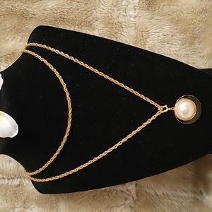 Vintage Long Brass Necklace with Half Shell Pearl D 3/4" Pendant Black Enamel